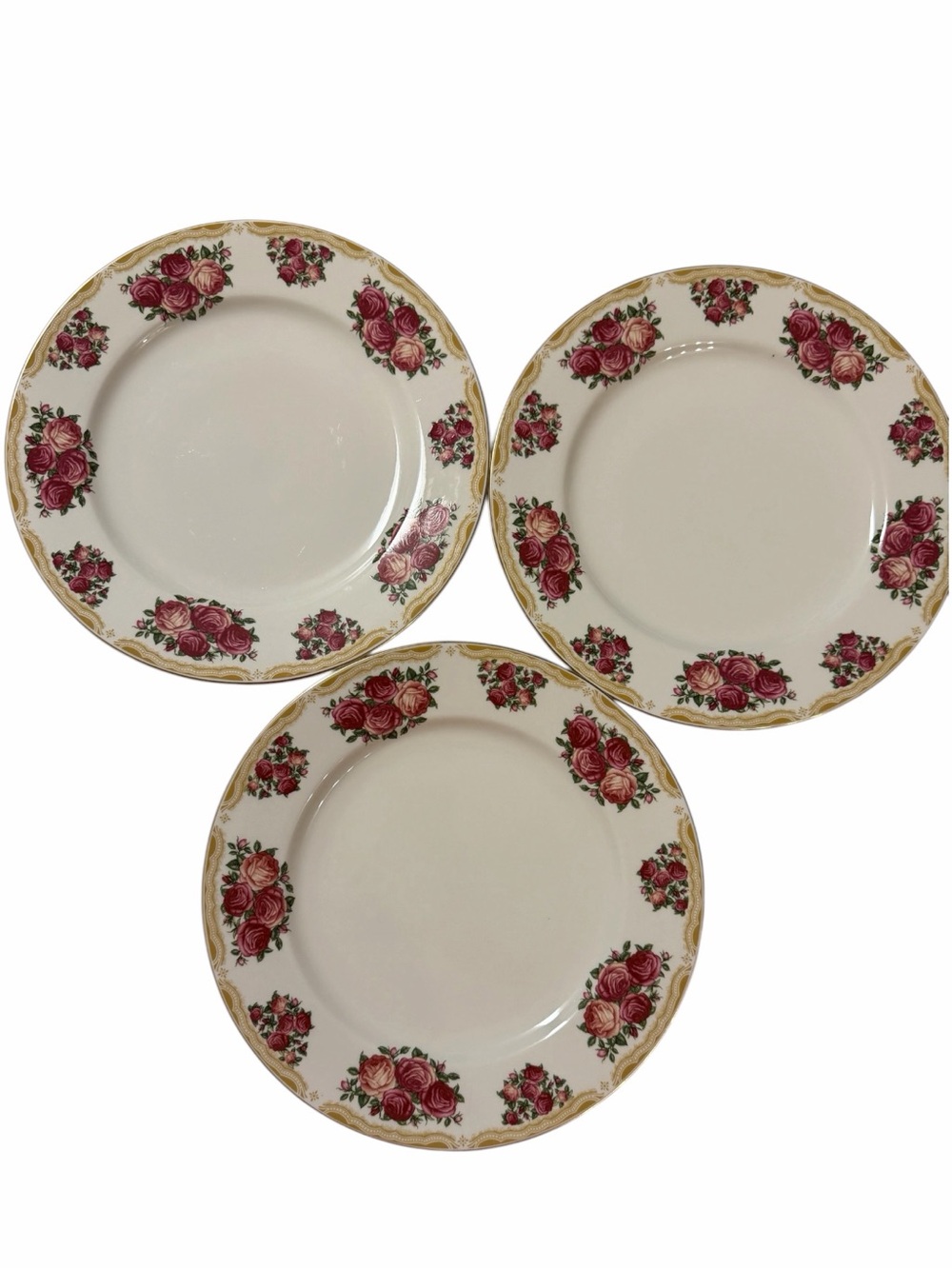 Set of 3 Vintage Rose-Pattern Dinner Plates. White w/ Pink Floral & Gold Border.